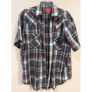 Ely Plains Mens Plaid Western Pearl Snap Shirt Short Sleeve Burgundy Green Large